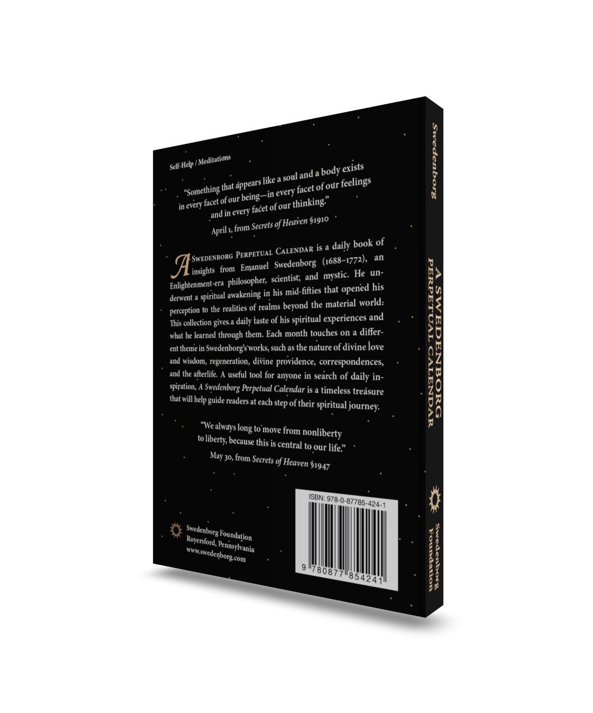 Perpetual Calendar Mockup back angled view - Swedenborg Foundation Paperback book upright back cover with excerpts from book and description of book and author