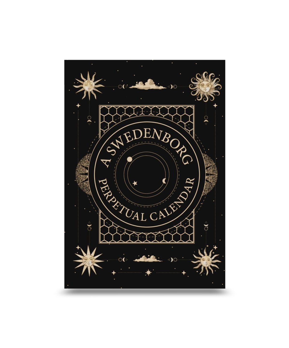 Perpetual Calendar Mockup front flat view - Swedenborg Foundation Paperback book front cover black background with symmetrical gold astral designs