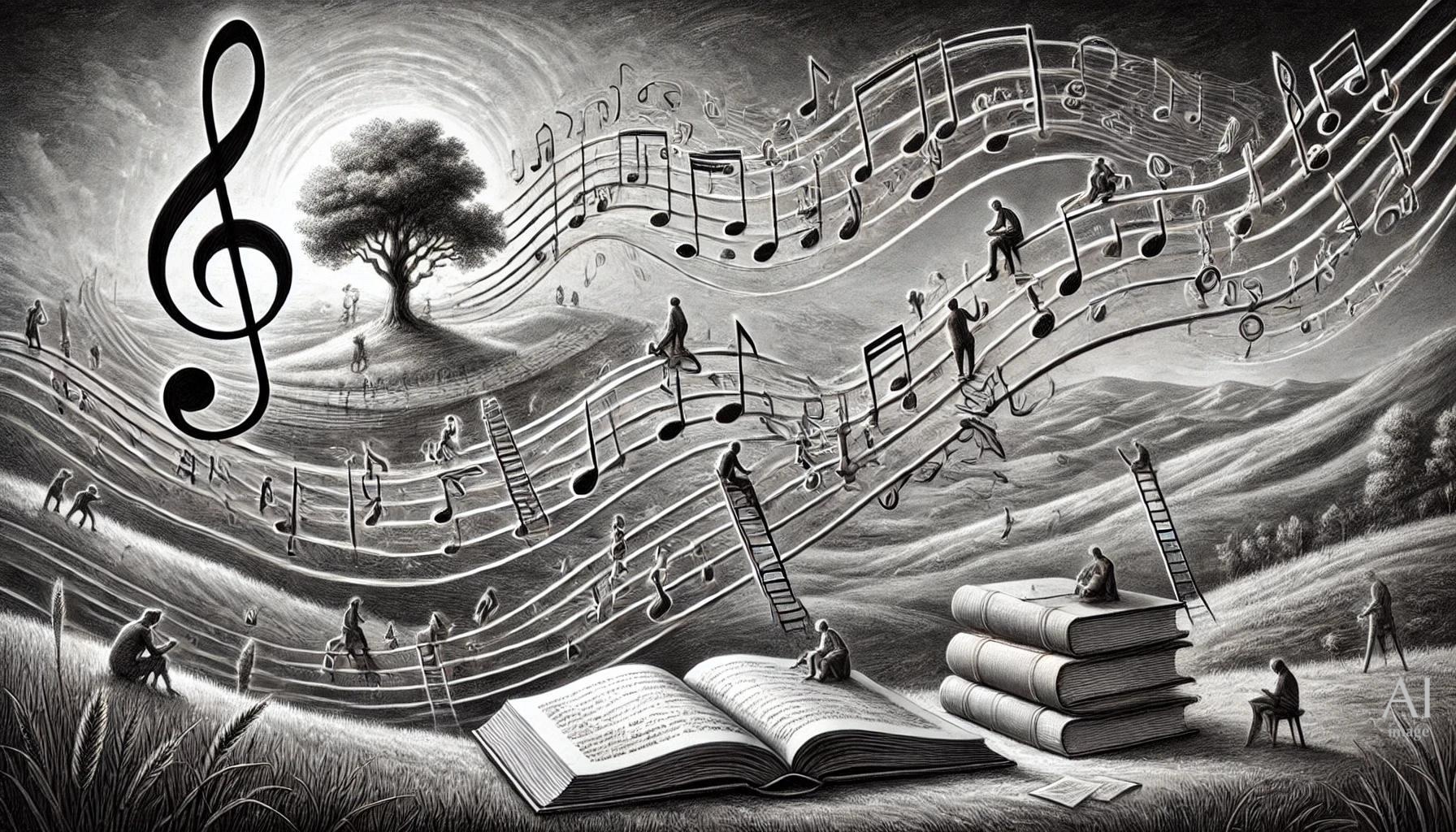 Image for Aram book blog 1 - musical notation landscape - Swedenborg Foundation Black and white image in pencil-drawing style with a large treble clef, a tree, an open book and a stack of books, music staff lines, and musical notation and people along the staff lines