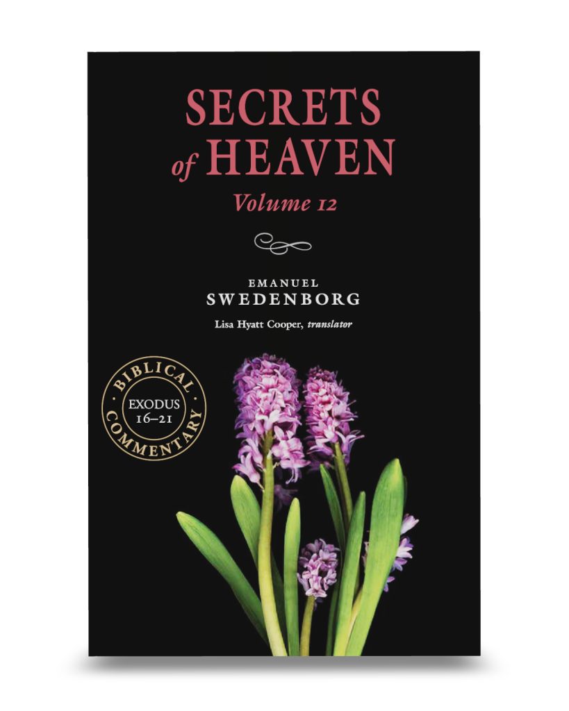 Secrets of Heaven Vol 12 - Straight-On View - Cropped - Swedenborg Foundation Black paperback book front cover with pink flowers and green stalks