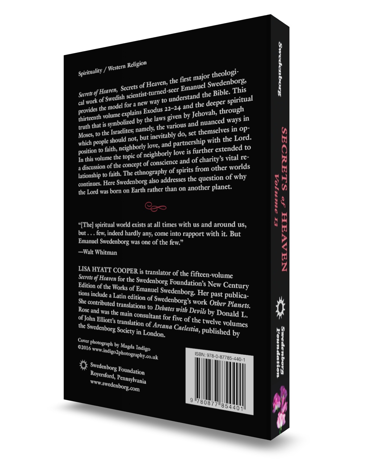 SH13 Portable - Back Cover three-quarter angle cropped - Swedenborg Foundation Back cover of a black book titled Secrets of Heaven, pink spine text, white publisher blurbs, and a barcode at the bottom.