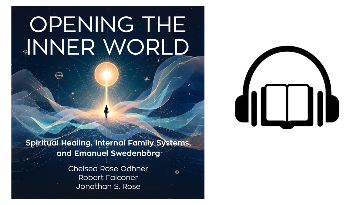 OIW audiobook cover with icon - wide margins - Swedenborg Foundation Dark blue audiobook cover image on left with black audiobook icon on right