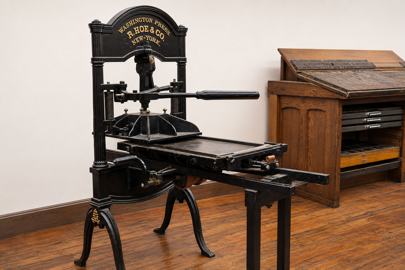Old-style black printing press on old wooden floor
